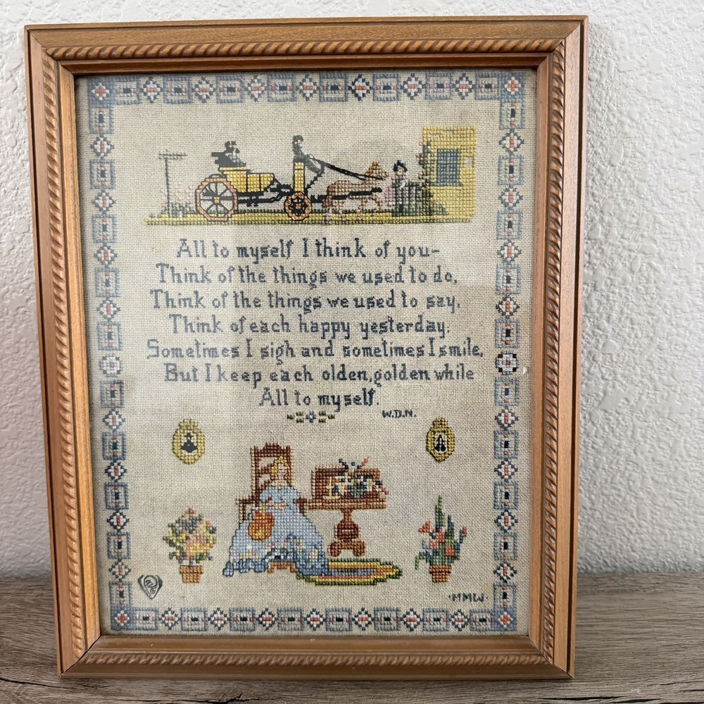 Cross Stitch‎ Needle Point Print Framed 1917 P.F Volland All To Myself Poem Love